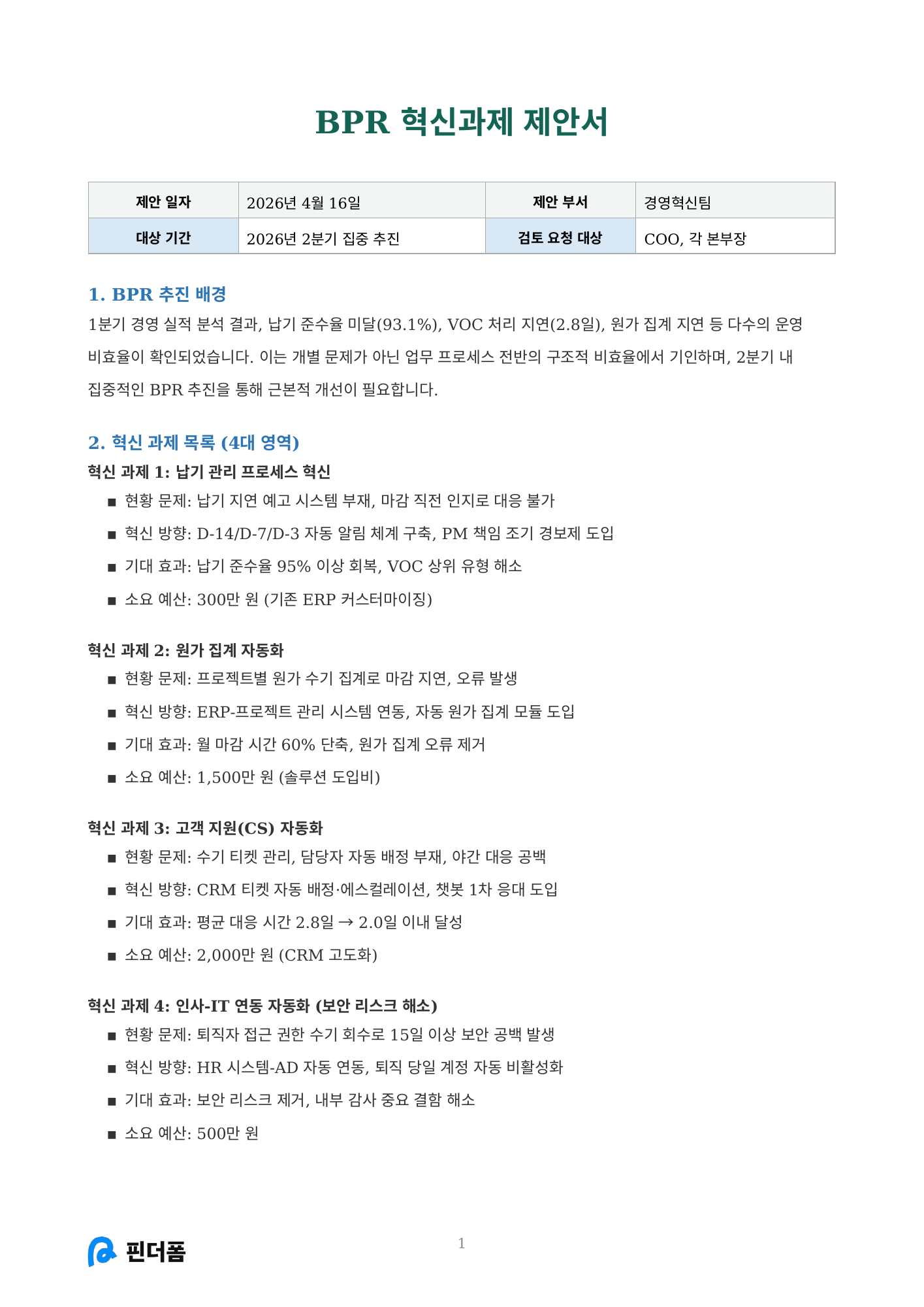 BPR 혁신과제 제안서 미리보기