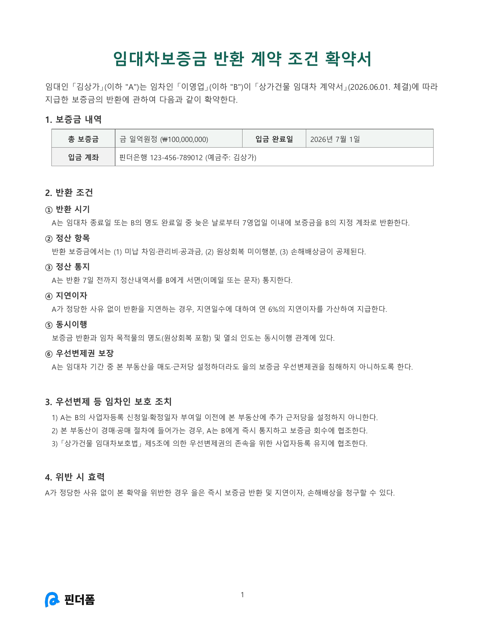 임대차보증금 반환 계약 조건 확약서 미리보기
