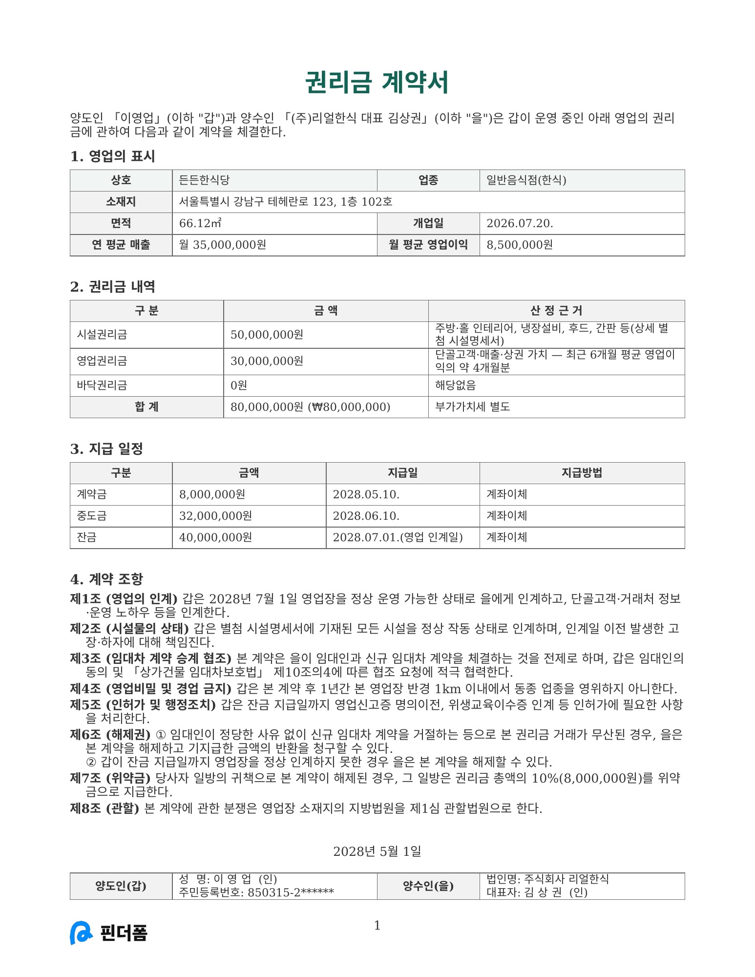권리금 계약서 미리보기