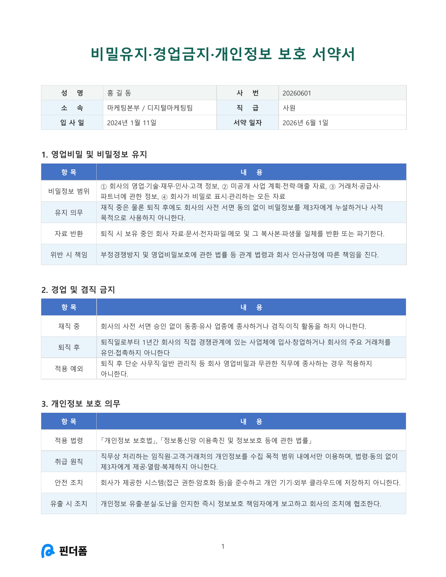 비밀유지 및 개인정보 보호 서약서 양식 (직원용) 미리보기