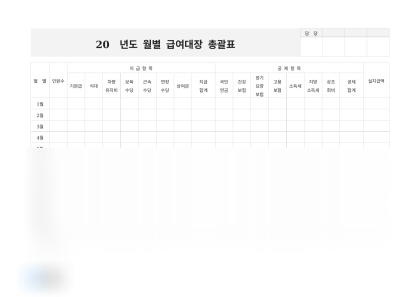 월별 급여대장 총괄표 미리보기