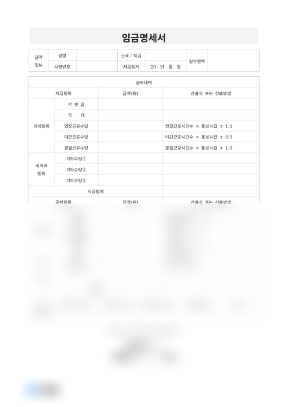 임금명세서 과세 비과세 구분 미리보기