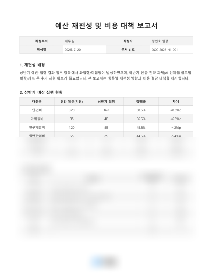 예산 재편성 및 비용 대책 보고서 미리보기