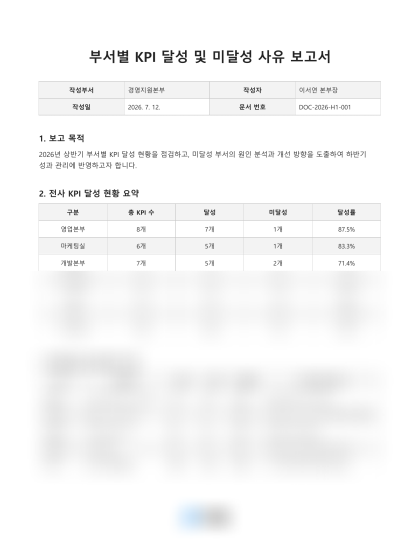 부서별 성과 달성 현황 및 미달성 사유 보고서 미리보기