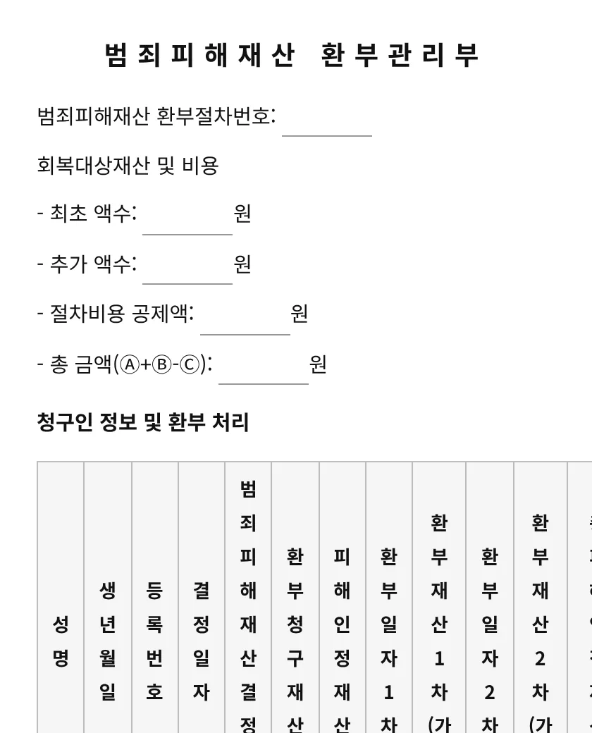 범죄피해재산 환부관리부 미리보기
