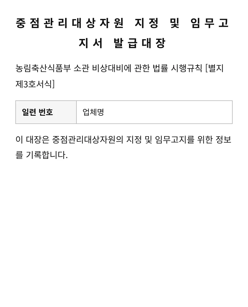 중점관리대상자원 지정 및 임무고지서 발급대장 미리보기