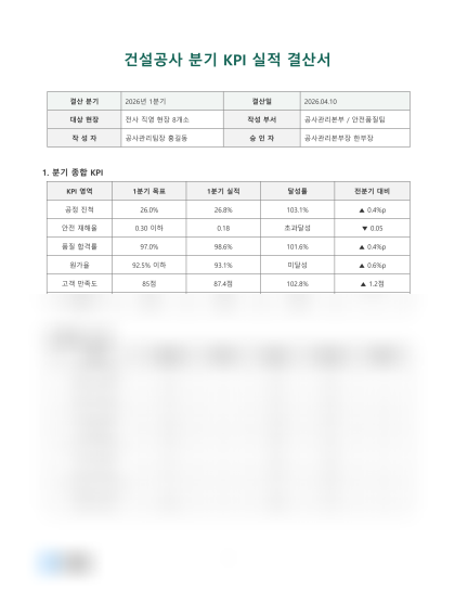 건설공사 분기 KPI 실적 결산서 미리보기