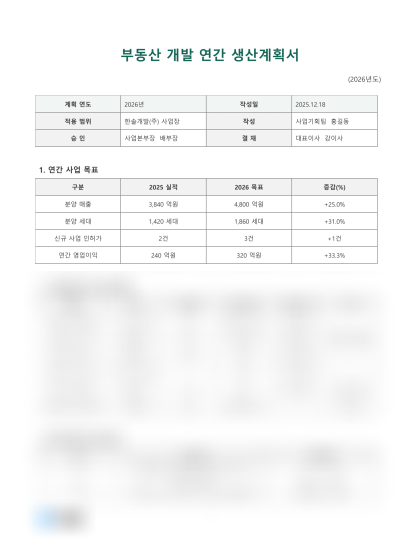 부동산 개발 연간 생산계획서 미리보기