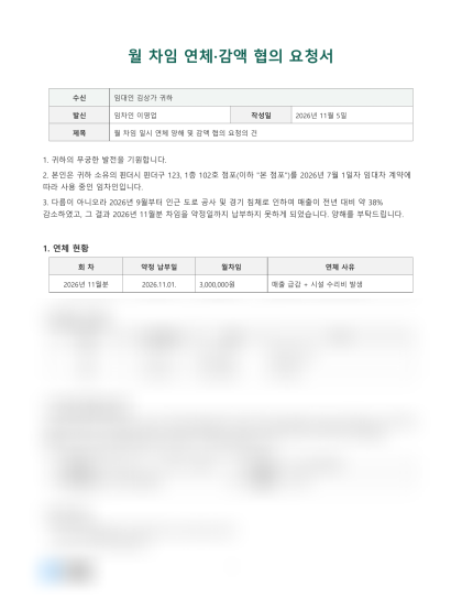 월 차임 연체·감액 협의 요청서 미리보기
