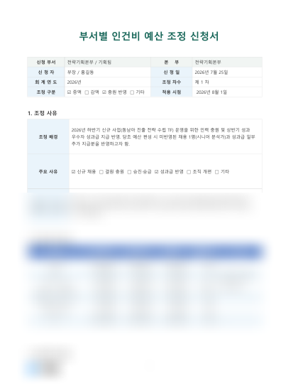 부서별 인건비 예산 조정 신청서 미리보기