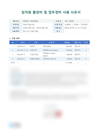 임직원 출장비 및 업무경비 사용 사유서 미리보기