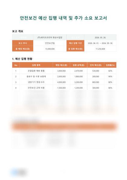 안전보건 예산 집행 내역 및 추가 소요 보고서 미리보기